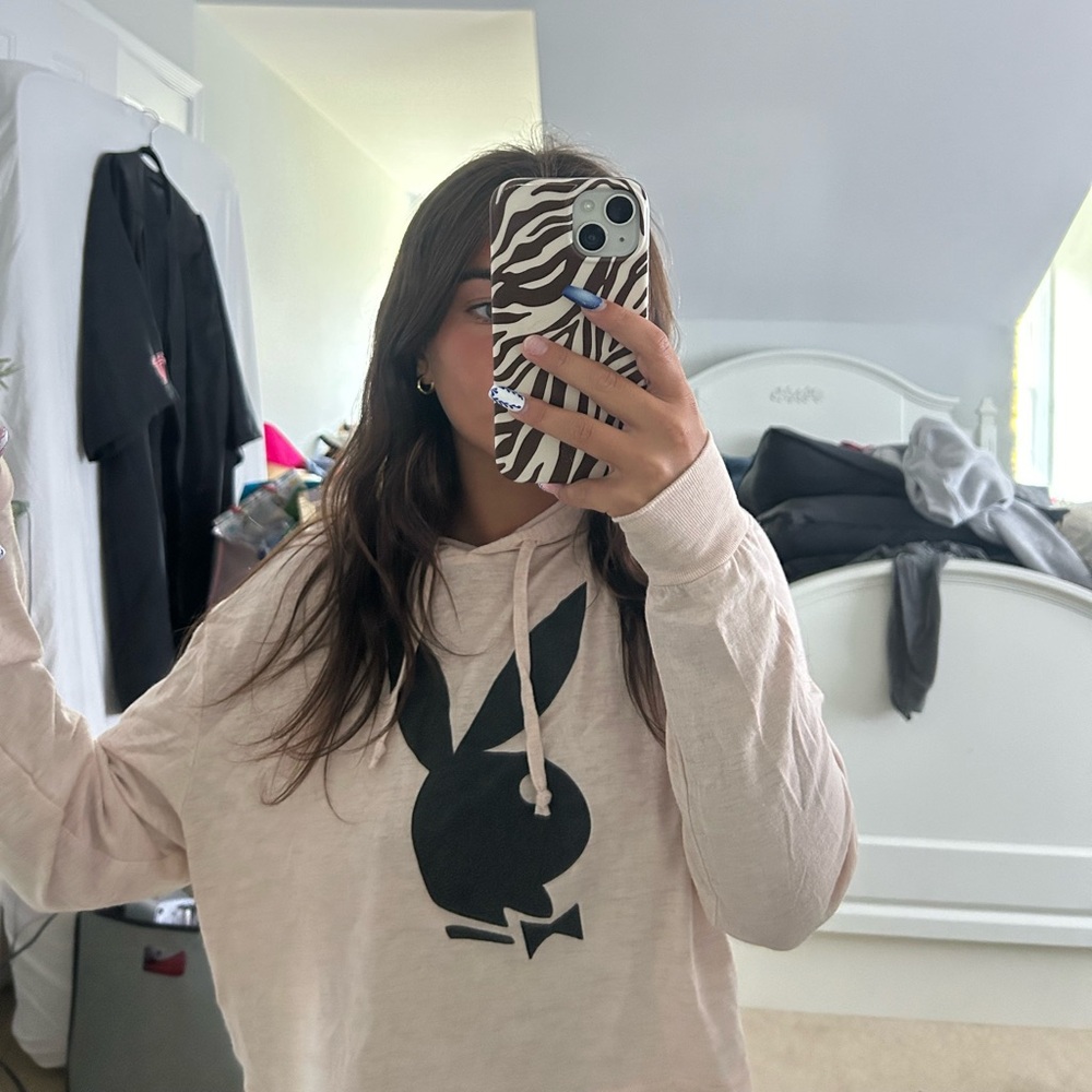 Playboy Sheer Pale Pink Cropped Hooded Sweater